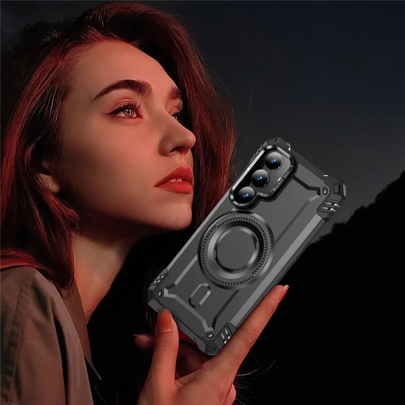 For Samsung Galaxy S24 Magnetic Case Lens Kickstand PC + TPU Shockproof Phone Cover - Grey