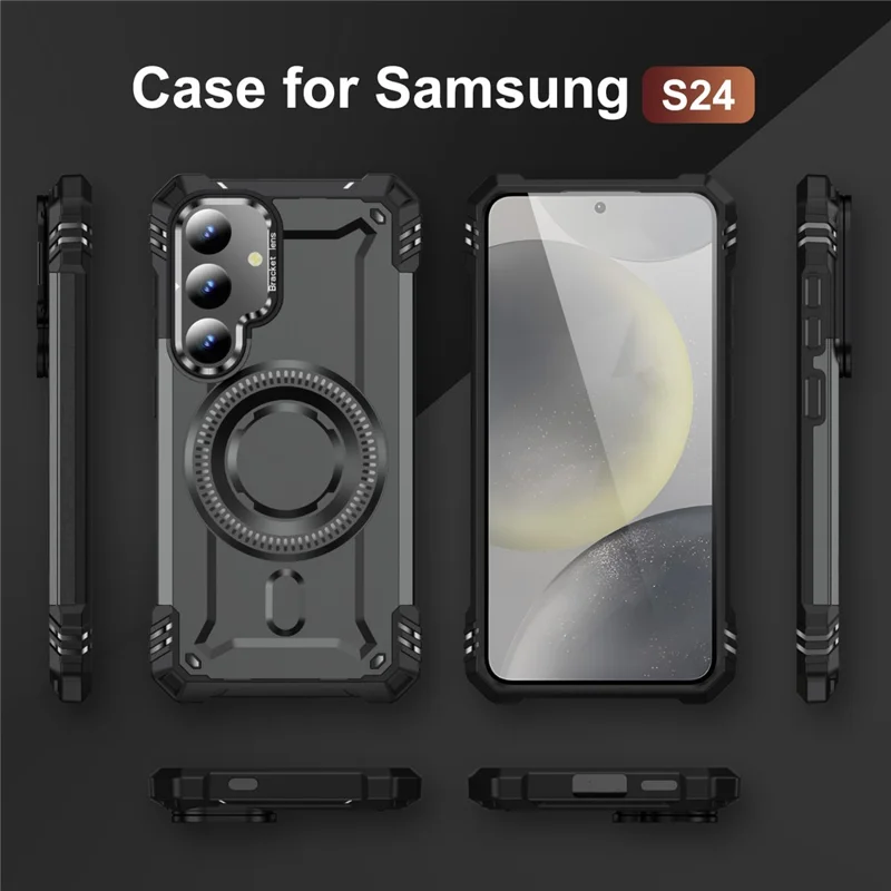 For Samsung Galaxy S24 Magnetic Case Lens Kickstand PC + TPU Shockproof Phone Cover - Grey