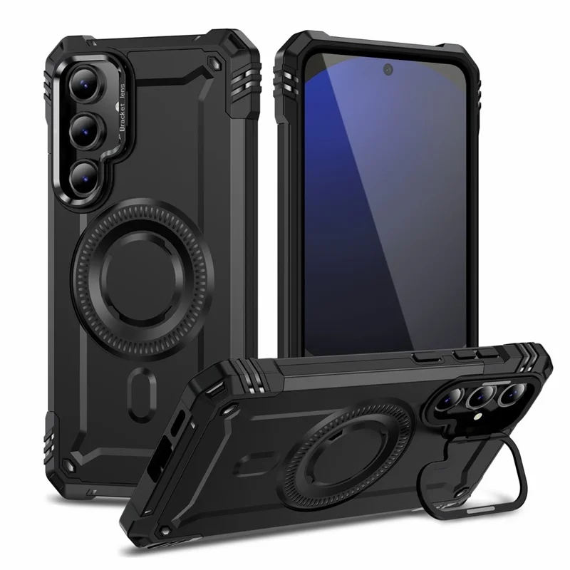 For Samsung Galaxy S24 FE Magnetic Case Lens Kickstand PC + TPU Shockproof Phone Cover - Black