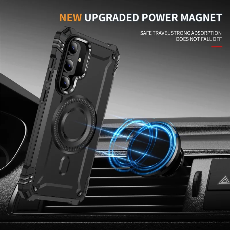 For Samsung Galaxy S24 FE Magnetic Case Lens Kickstand PC + TPU Shockproof Phone Cover - Black