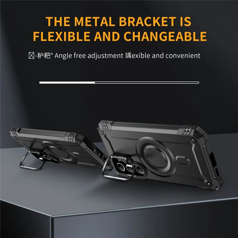 For Samsung Galaxy S24 FE Magnetic Case Lens Kickstand PC + TPU Shockproof Phone Cover - Black