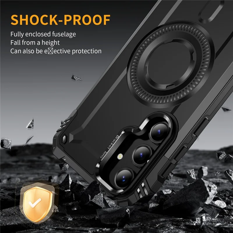 For Samsung Galaxy S24 FE Magnetic Case Lens Kickstand PC + TPU Shockproof Phone Cover - Black