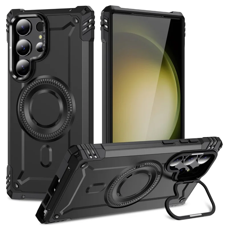 Capa Magnética para Samsung Galaxy S23 Ultra com Suporte para Lente e Proteção Antichoque - PC + TPU - Preto