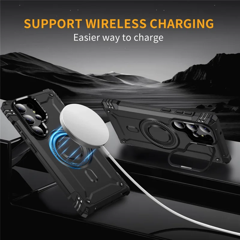 Capa Magnética para Samsung Galaxy S23 Ultra com Suporte para Lente e Proteção Antichoque - PC + TPU - Preto