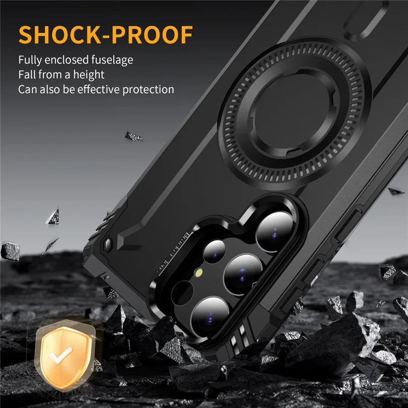 Capa Magnética para Samsung Galaxy S23 Ultra com Suporte para Lente e Proteção Antichoque - PC + TPU - Preto