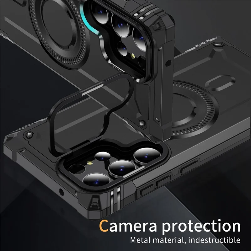 Capa Magnética para Samsung Galaxy S23 Ultra com Suporte para Lente e Proteção Antichoque - PC + TPU - Preto
