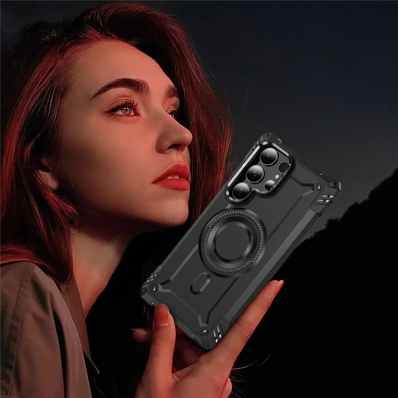 Capa Magnética para Samsung Galaxy S23 Ultra com Suporte para Lente e Proteção Antichoque - PC + TPU - Preto
