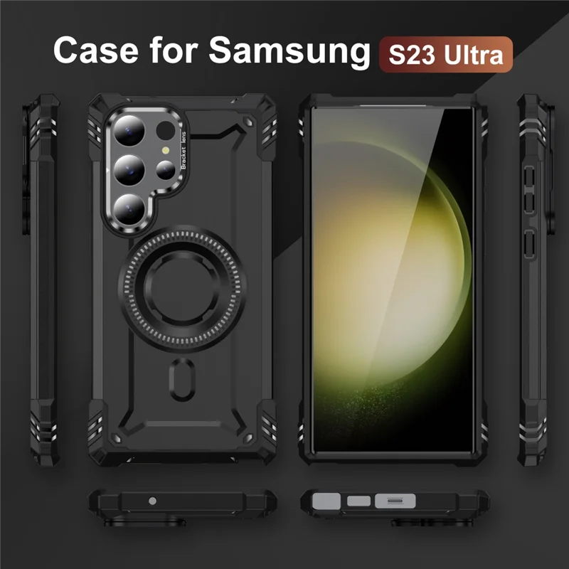 Capa Magnética para Samsung Galaxy S23 Ultra com Suporte para Lente e Proteção Antichoque - PC + TPU - Preto