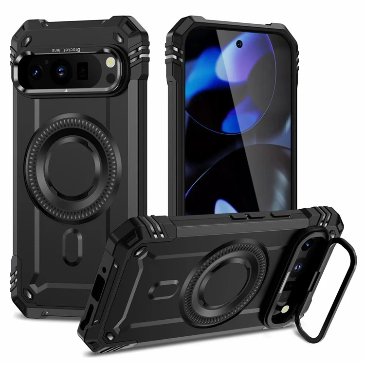 Für Google Pixel 9 / 9 Pro Magnetische Hülle mit Objektivhalterung und Ständer, PC + TPU Stoßfeste Handyhülle - Schwarz