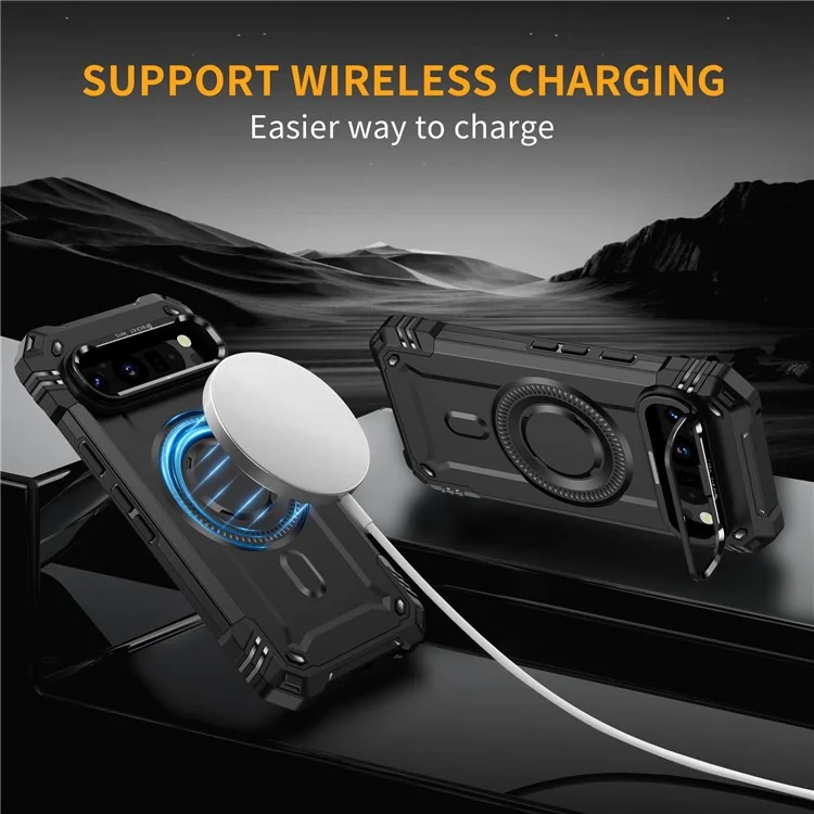 Für Google Pixel 9 / 9 Pro Magnetische Hülle mit Objektivhalterung und Ständer, PC + TPU Stoßfeste Handyhülle - Schwarz