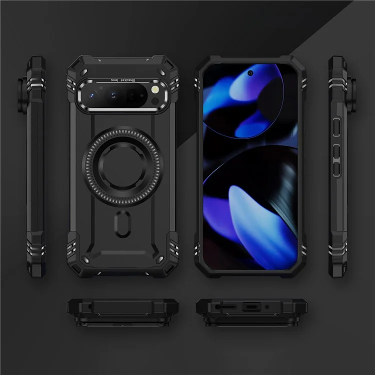 Für Google Pixel 9 / 9 Pro Magnetische Hülle mit Objektivhalterung und Ständer, PC + TPU Stoßfeste Handyhülle - Schwarz