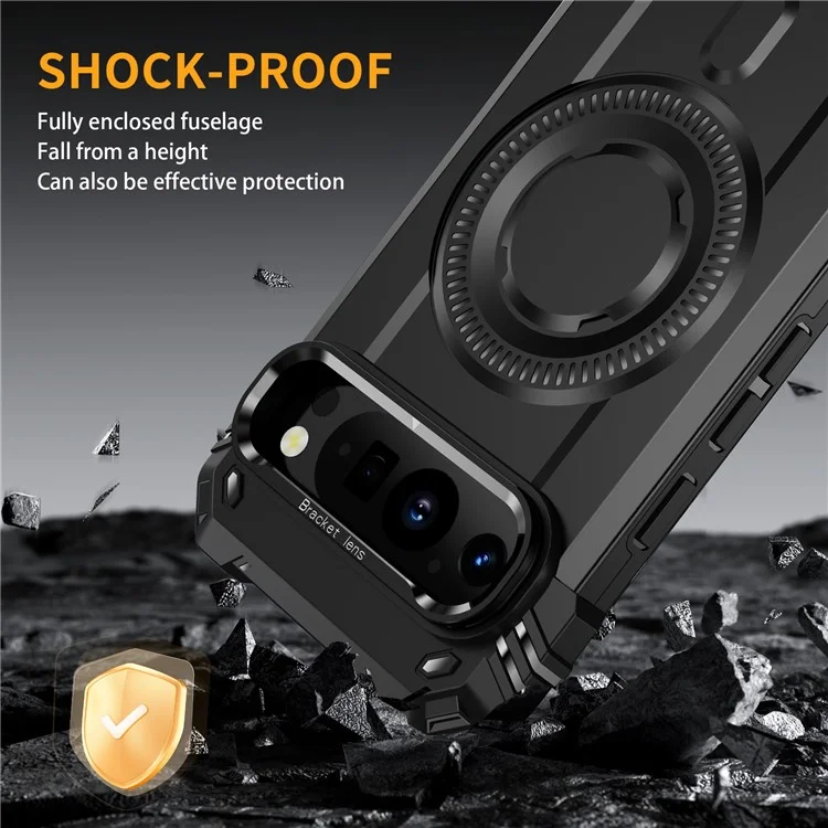Funda Magnética para Google Pixel 9 Pro XL con Soporte y Protección de Lente - Carcasa Antigolpes de PC + TPU - Negro