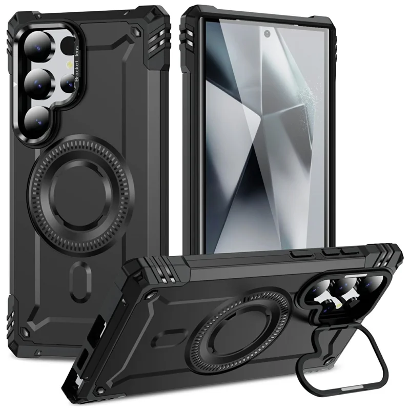 Capa Magnética para Samsung Galaxy S24 Ultra com Suporte para Lente e Proteção Antichoque - PC + TPU - Preto