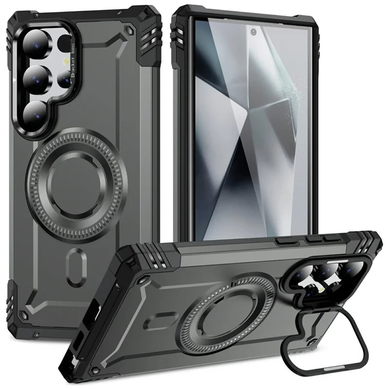 For Samsung Galaxy S24 Ultra Magnetic Case Lens Kickstand PC + TPU Shockproof Phone Cover - Grey