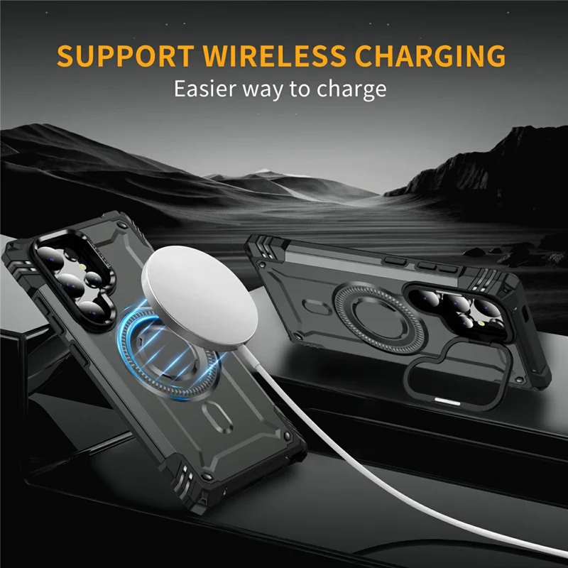 For Samsung Galaxy S24 Ultra Magnetic Case Lens Kickstand PC + TPU Shockproof Phone Cover - Grey