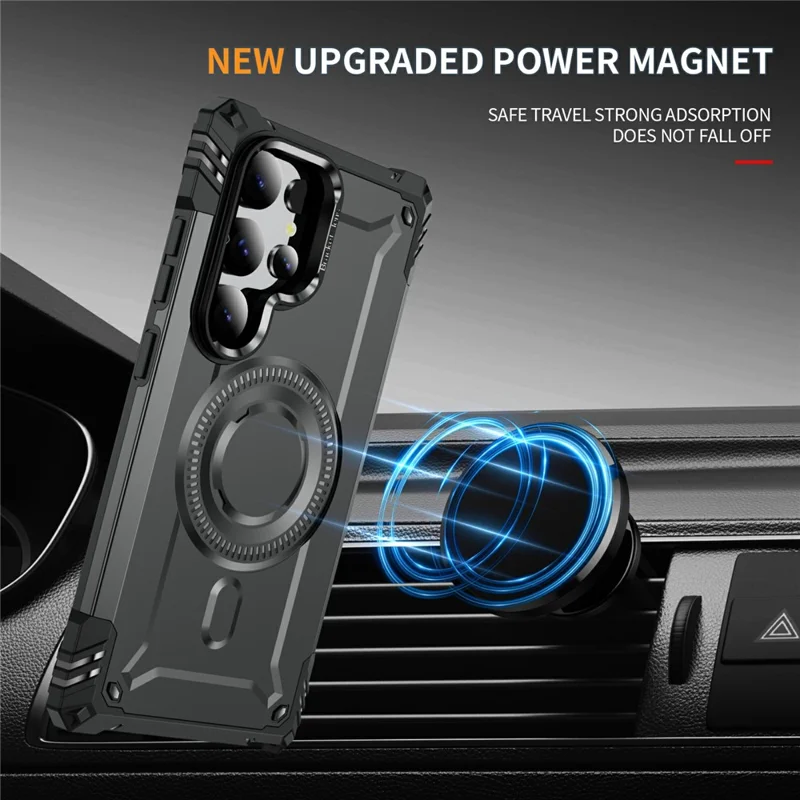 For Samsung Galaxy S24 Ultra Magnetic Case Lens Kickstand PC + TPU Shockproof Phone Cover - Grey