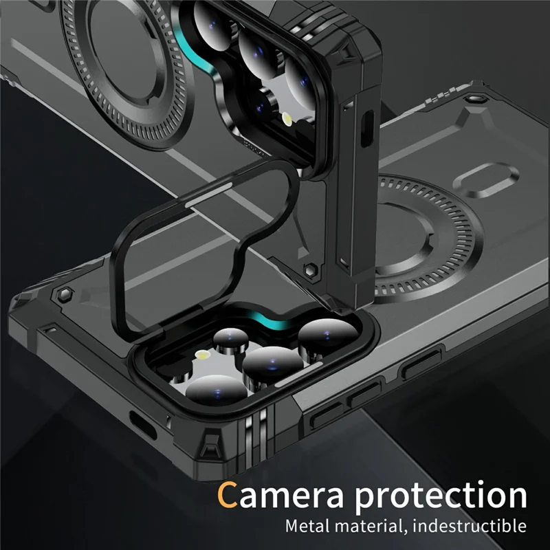 For Samsung Galaxy S24 Ultra Magnetic Case Lens Kickstand PC + TPU Shockproof Phone Cover - Grey