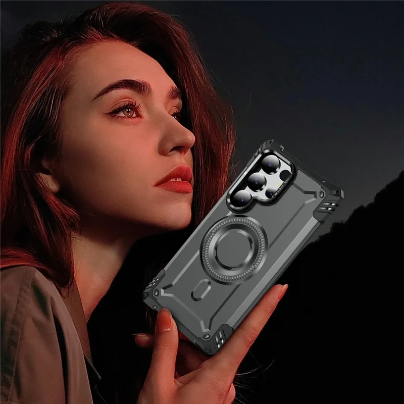 For Samsung Galaxy S24 Ultra Magnetic Case Lens Kickstand PC + TPU Shockproof Phone Cover - Grey