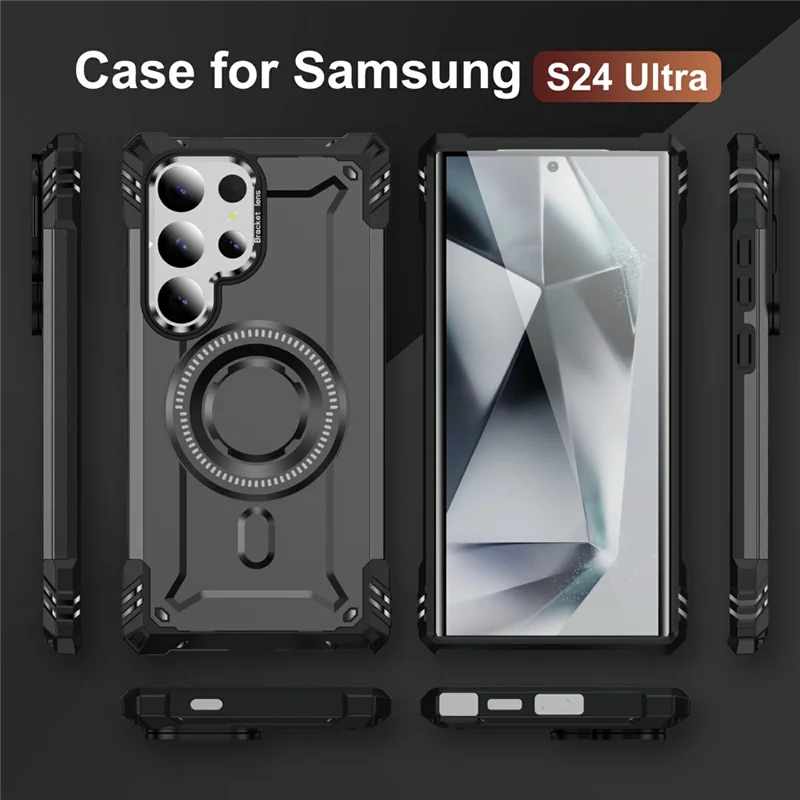 For Samsung Galaxy S24 Ultra Magnetic Case Lens Kickstand PC + TPU Shockproof Phone Cover - Grey
