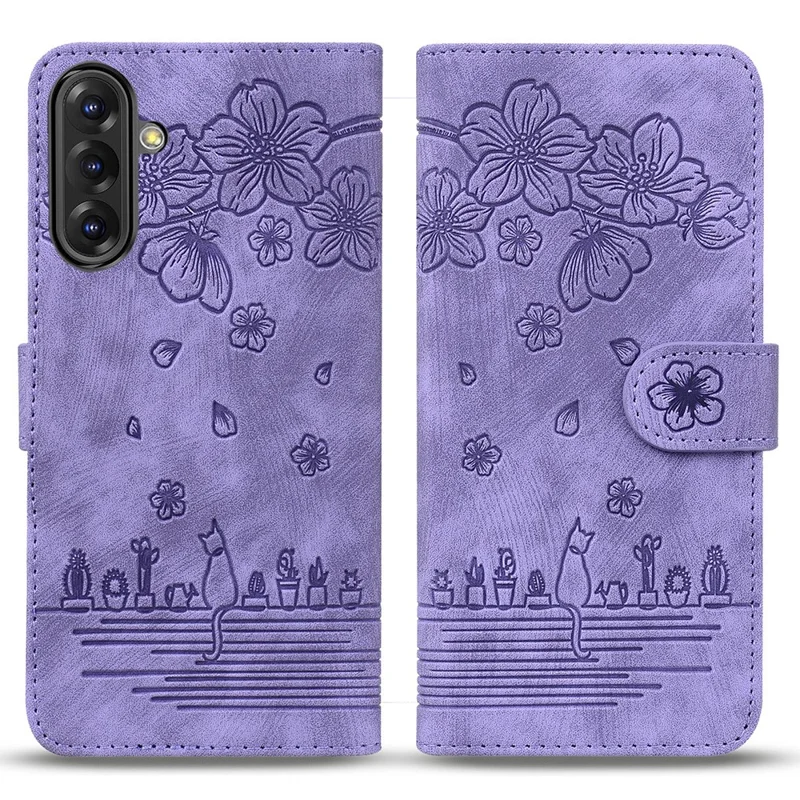For Samsung Galaxy A36 5G Case Flip Stand Leather Phone Cover Cherry Blossom Cat Imprinted - Purple