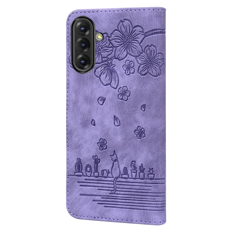 For Samsung Galaxy A36 5G Case Flip Stand Leather Phone Cover Cherry Blossom Cat Imprinted - Purple