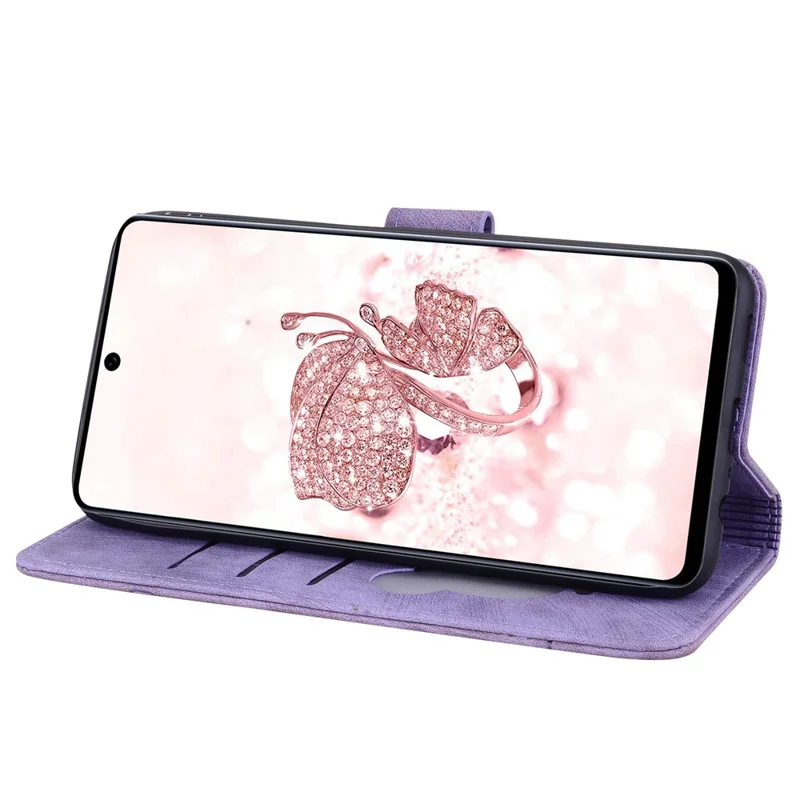 For Samsung Galaxy A56 5G Case Flip Stand Leather Phone Cover Cherry Blossom Cat Imprinted - Purple