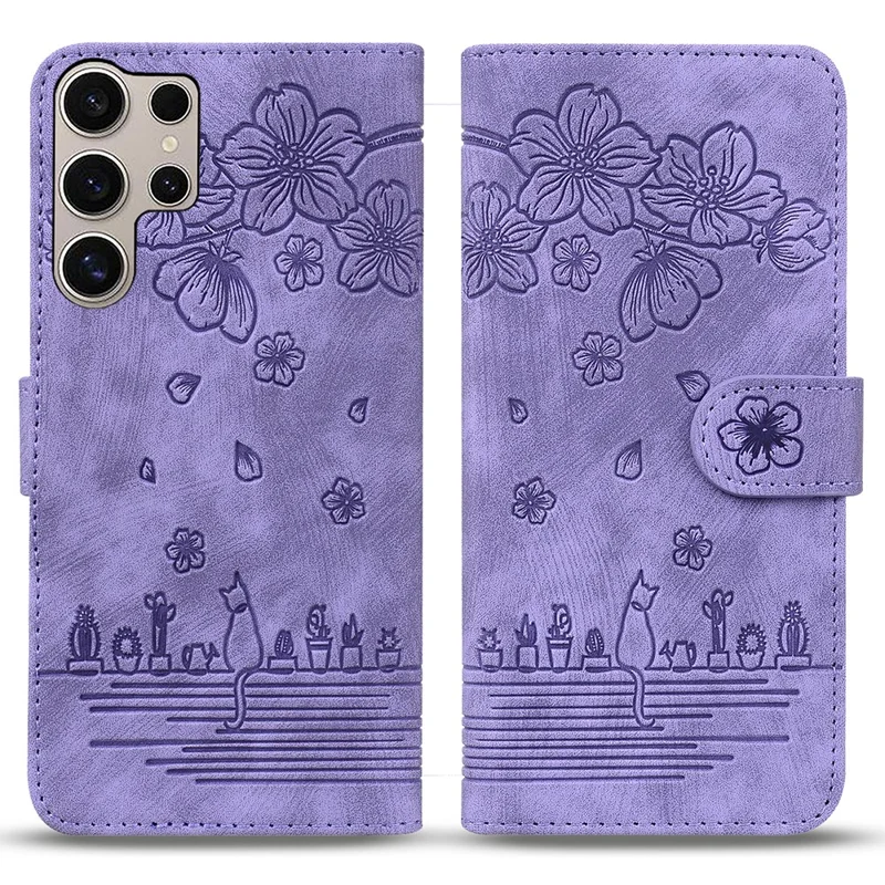 For Samsung Galaxy S25 Ultra Case Flip Stand Leather Phone Cover Cherry Blossom Cat Imprinted - Purple