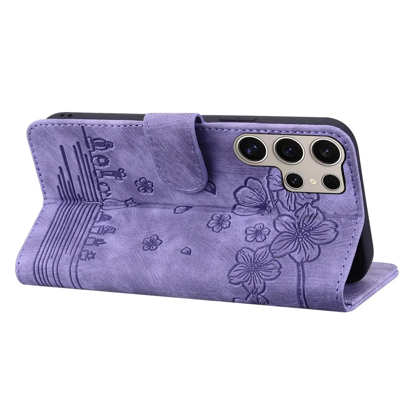 For Samsung Galaxy S25 Ultra Case Flip Stand Leather Phone Cover Cherry Blossom Cat Imprinted - Purple