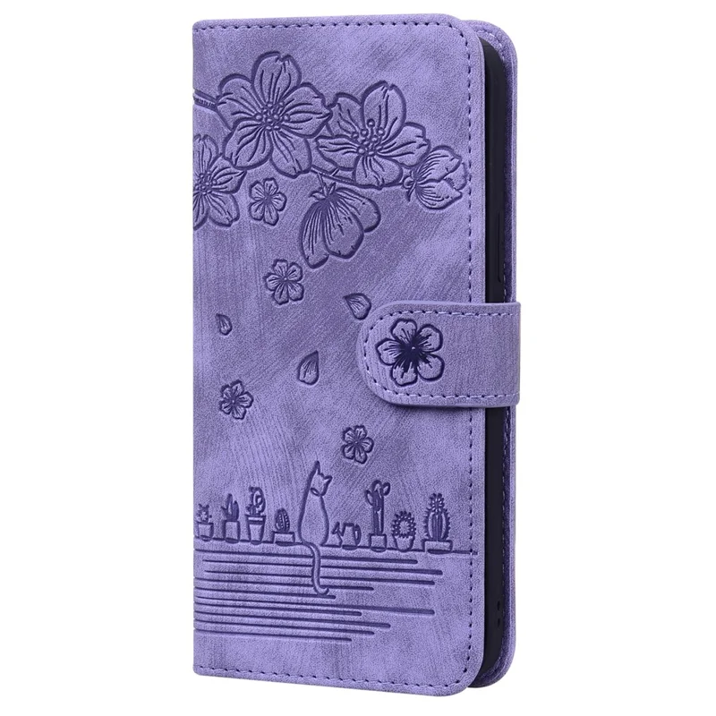 For Samsung Galaxy S25 Ultra Case Flip Stand Leather Phone Cover Cherry Blossom Cat Imprinted - Purple