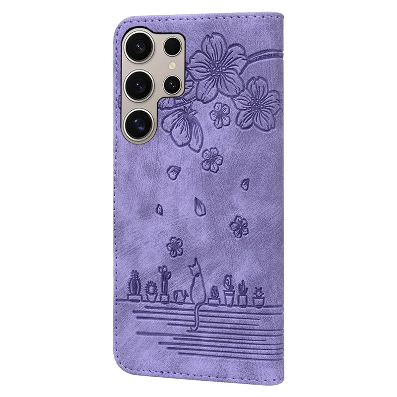 For Samsung Galaxy S25 Ultra Case Flip Stand Leather Phone Cover Cherry Blossom Cat Imprinted - Purple