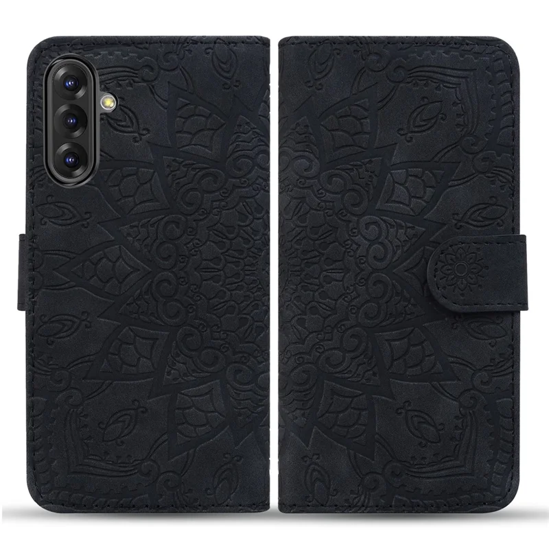 Voor Samsung Galaxy A56 5G Case PU Leather Portemonnee Flip Hoesje met Ingelijste Bloem - Zwart