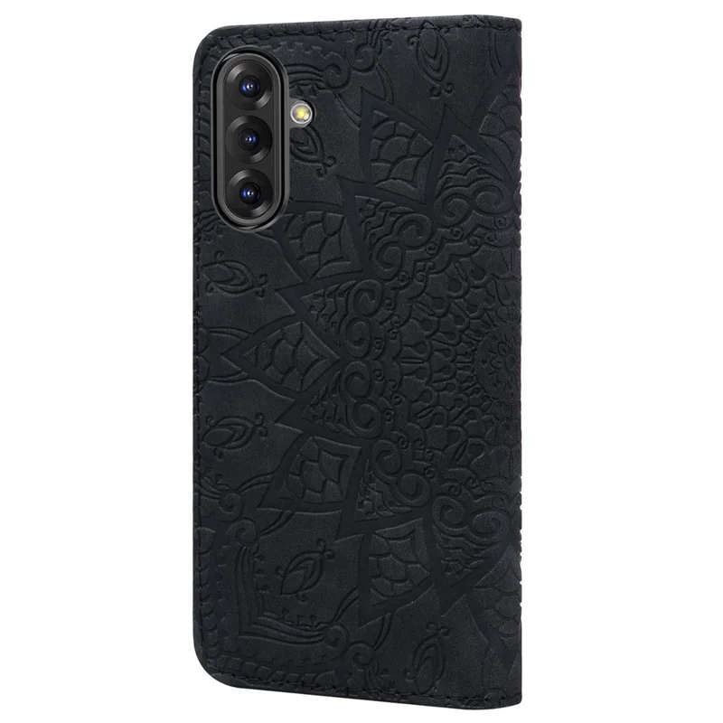 Voor Samsung Galaxy A56 5G Case PU Leather Portemonnee Flip Hoesje met Ingelijste Bloem - Zwart