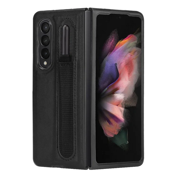 For Samsung Galaxy Z Fold3 5G Retro PU Leather Coated Hard PC Phone Case Anti-Slip Shockproof Protective Cover with Pen Holder - Black