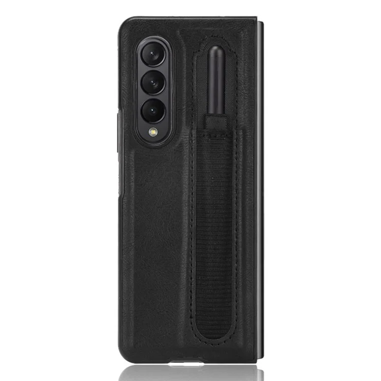 For Samsung Galaxy Z Fold3 5G Retro PU Leather Coated Hard PC Phone Case Anti-Slip Shockproof Protective Cover with Pen Holder - Black