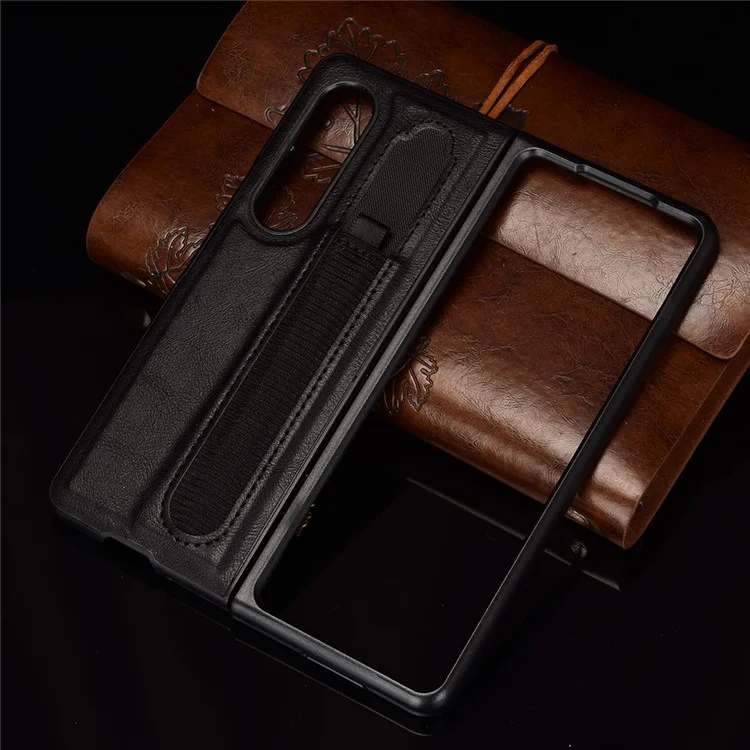For Samsung Galaxy Z Fold3 5G Retro PU Leather Coated Hard PC Phone Case Anti-Slip Shockproof Protective Cover with Pen Holder - Black