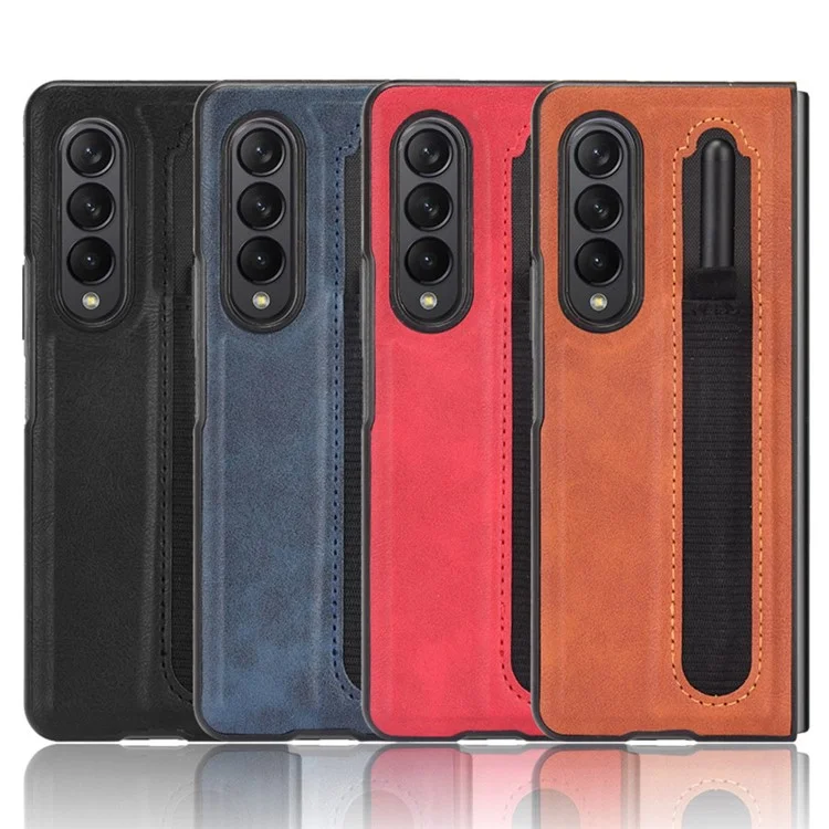 For Samsung Galaxy Z Fold3 5G Retro PU Leather Coated Hard PC Phone Case Anti-Slip Shockproof Protective Cover with Pen Holder - Black