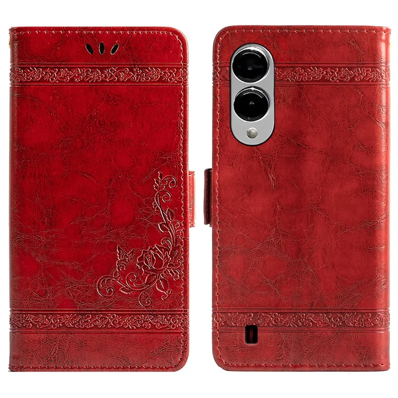 For Samsung Galaxy S25 Edge Leather Case Flower Imprint Wallet Phone Cover with Side Buckle - Red