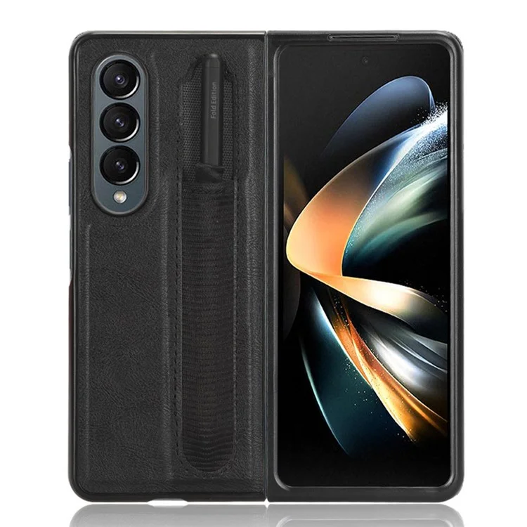 Para Samsung Galaxy Z Fold4 5G Retro Texture PU Leather + Hard PC Shell Shockproof Anti-Scratch Phone Cover com Suporte para Caneta - Preto