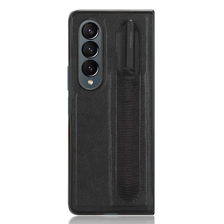 Para Samsung Galaxy Z Fold4 5G Retro Texture PU Leather + Hard PC Shell Shockproof Anti-Scratch Phone Cover com Suporte para Caneta - Preto