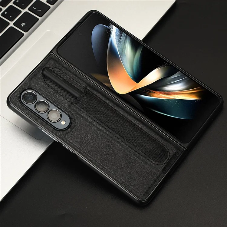 Para Samsung Galaxy Z Fold4 5G Retro Texture PU Leather + Hard PC Shell Shockproof Anti-Scratch Phone Cover com Suporte para Caneta - Preto