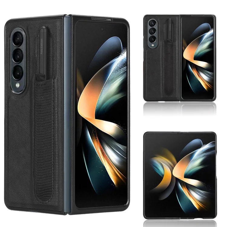 Para Samsung Galaxy Z Fold4 5G Retro Texture PU Leather + Hard PC Shell Shockproof Anti-Scratch Phone Cover com Suporte para Caneta - Preto