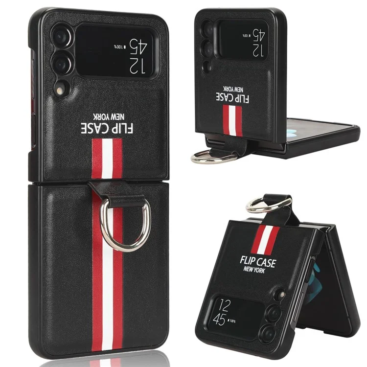 Pour Samsung Galaxy Z Flip4 5G Colorded Stripe Merme Case de Téléphone Imprimé PU Couvre de Protection PC Hard PC Revêtu Avec Sangle à Anneau Doigt - le Noir