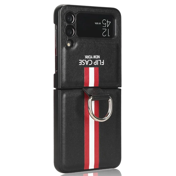 Pour Samsung Galaxy Z Flip4 5G Colorded Stripe Merme Case de Téléphone Imprimé PU Couvre de Protection PC Hard PC Revêtu Avec Sangle à Anneau Doigt - le Noir