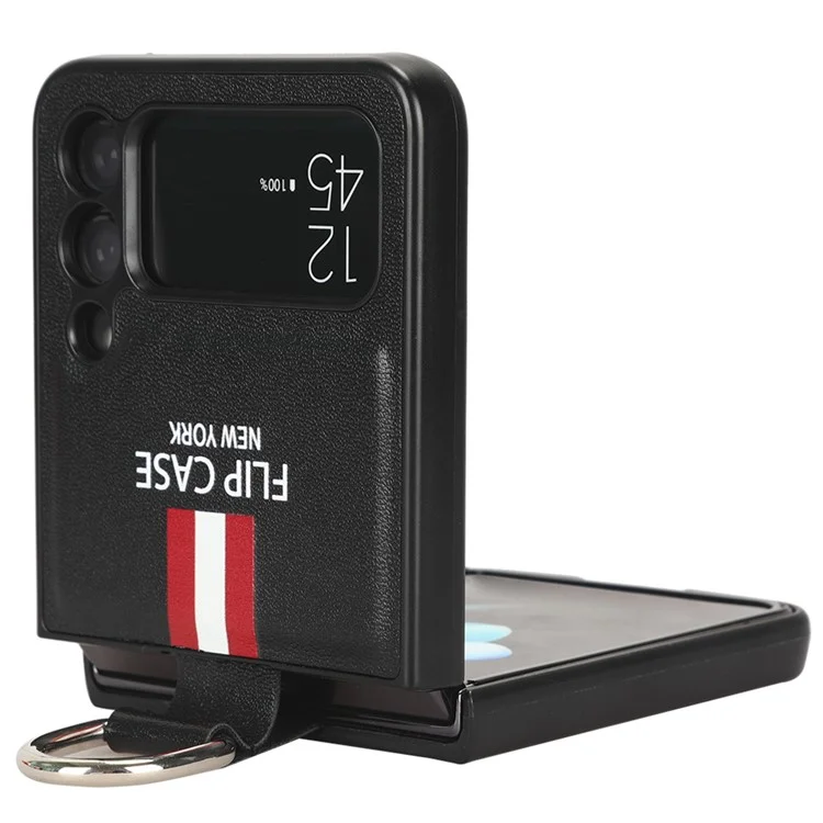 Pour Samsung Galaxy Z Flip4 5G Colorded Stripe Merme Case de Téléphone Imprimé PU Couvre de Protection PC Hard PC Revêtu Avec Sangle à Anneau Doigt - le Noir
