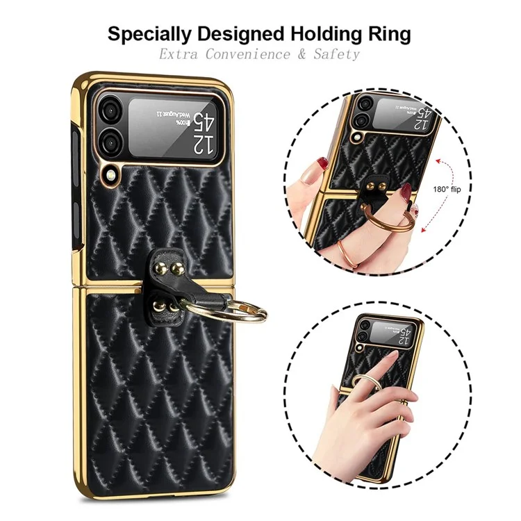 Для Samsung Galaxy Z Flip4 5g PU Leather + Hard PC Chase Case Rombus Отпечатанное Держатель Кольца Kickstend Complative Cover с Маленькой Экраном - Черный