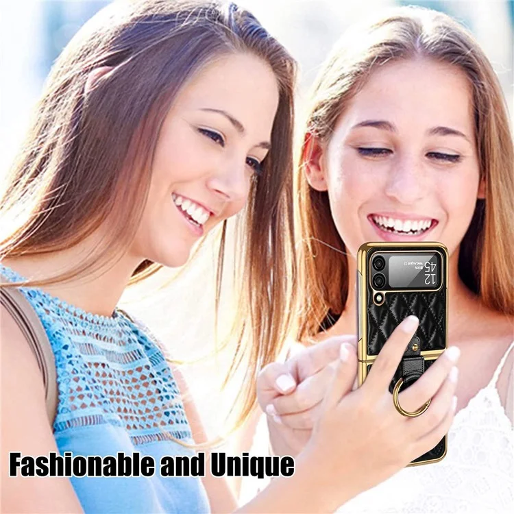 Для Samsung Galaxy Z Flip4 5g PU Leather + Hard PC Chase Case Rombus Отпечатанное Держатель Кольца Kickstend Complative Cover с Маленькой Экраном - Черный