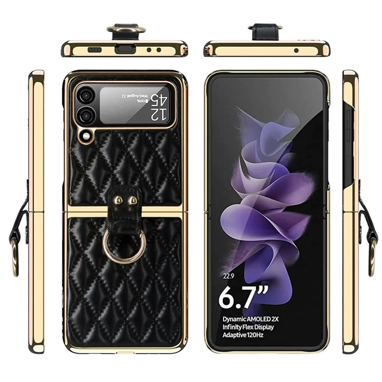 Для Samsung Galaxy Z Flip4 5g PU Leather + Hard PC Chase Case Rombus Отпечатанное Держатель Кольца Kickstend Complative Cover с Маленькой Экраном - Черный