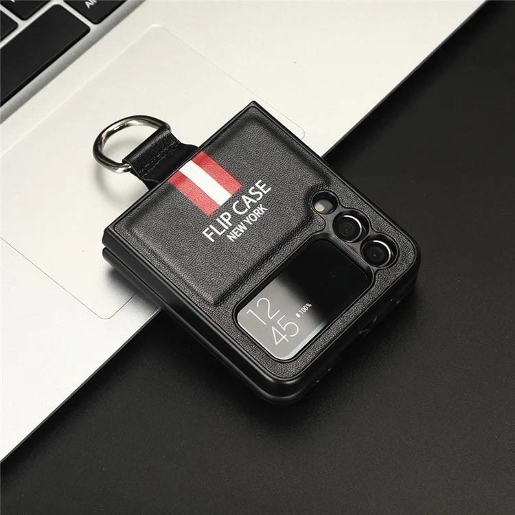 Per Samsung Galaxy Z Flip3 5G Custodia in pelle PU + guscio duro in PC a righe colorate Custodia protettiva antiurto con anello da polso - Nera