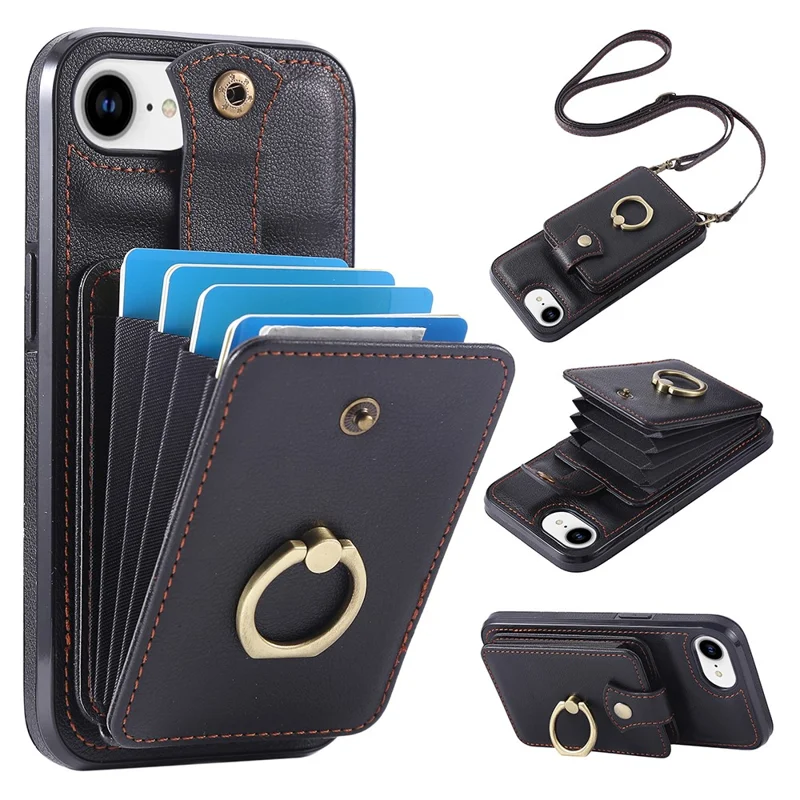 For iPhone 16e Hoesje met Kaarthouder Ring Kickstand TPU + PU Leren Telefoonhoes met Lange Strap - Zwart
