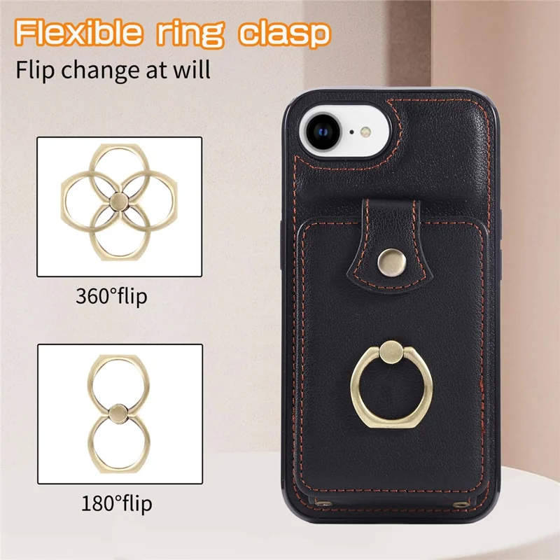 For iPhone 16e Hoesje met Kaarthouder Ring Kickstand TPU + PU Leren Telefoonhoes met Lange Strap - Zwart